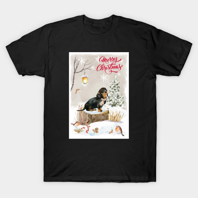 Black And Tan Dachshund Puppy Merry Christmas Santa Dog T-Shirt by Puppy Eyes